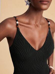 Travachic Women's Summer Beach Vacation Textured Fabric Beaded Spaghetti Strap One-Piece Swimsuit - Black - View 6