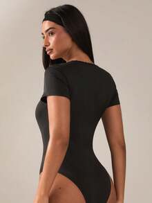SHEIN BAE 女士蕾丝边修身连体裤，日常穿着和运动皆宜 - 黑色 - 查看 2