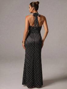 Avenya Polka Dot Halter Waist Slit Dress - Multicolor - View 5