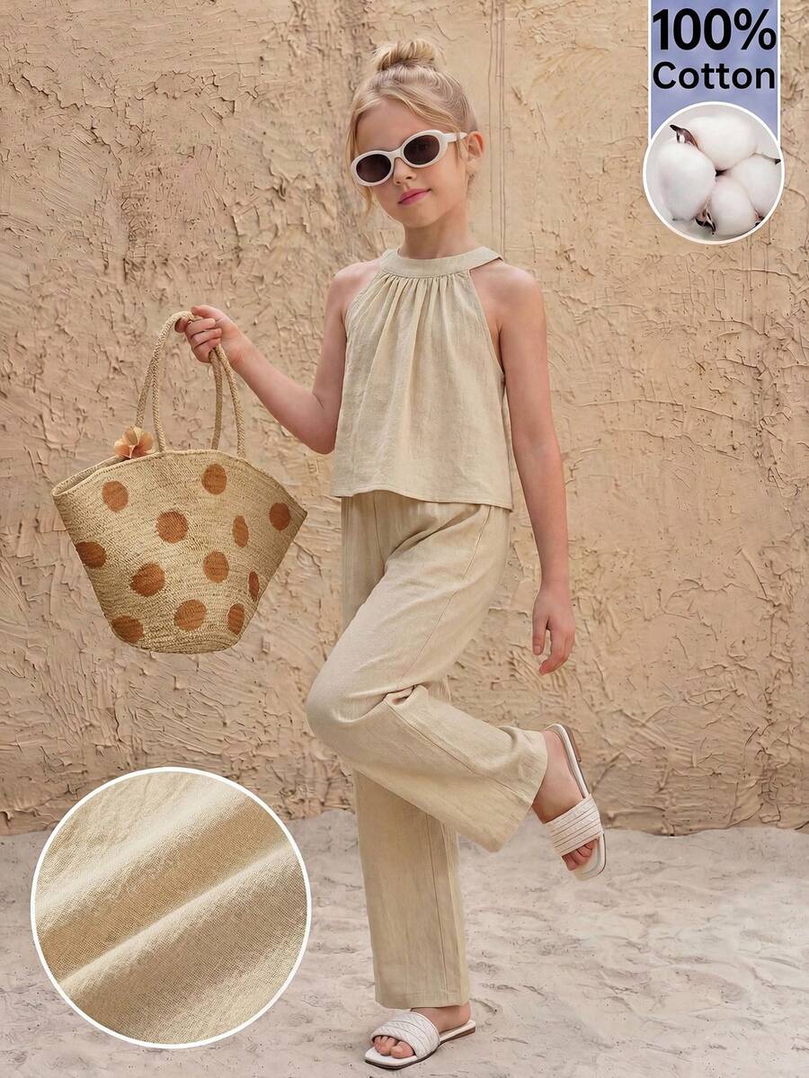 Bộ đồ đi biển cơ bản cho bé gái: Áo yếm và quần lửng ống rộng, chất liệu vải dệt, 2 món.