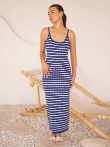 Andrea Bello Schwarz-weiß gestreiftes ärmelloses Midi-Kleid, elegant und anmutig für Frauen, Frühlings-/Sommerkleid, sexy Sommerkleid, blaues gestreiftes Kleid, figurbetontes Sommerkleid, blaues und weißes Kleid, enges langes Kleid, Strandkleid, Badeanzug, Strandurlaubs-Outfits für Frauen, blaues gestreiftes Damenkleid - Blau - Übersicht 6