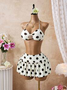 Bellisia Conjunto de bikini de 3 piezas con estampado de lunares y decoración de estrella de mar para mujer, top de bikini halter con espalda descubierta y minifalda a juego con volantes, adecuado para la playa, la natación y las vacaciones - Multicolor - Ver 8
