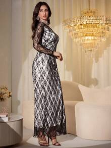 Modelyn Đầm ren dài tay cổ tròn màu đen và đỏ dành cho nữ - Đen và trắng - Xem 4