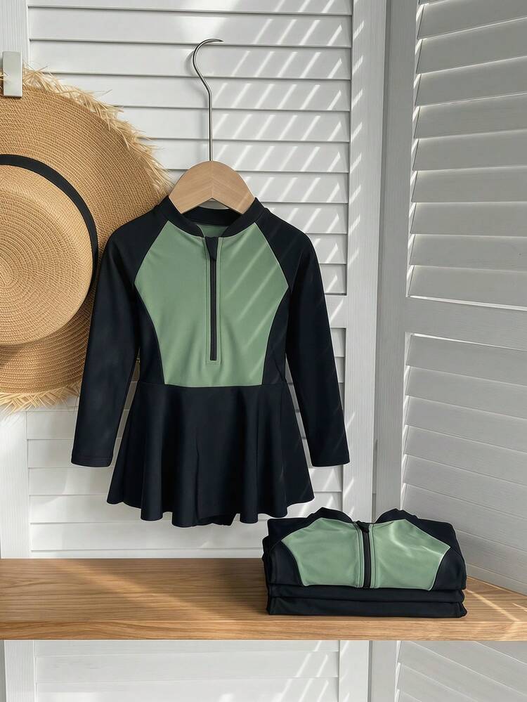 Young Girls Colorblock Long Sleeve Top And Pants Swimwear Set, Fall Summer Vacation
