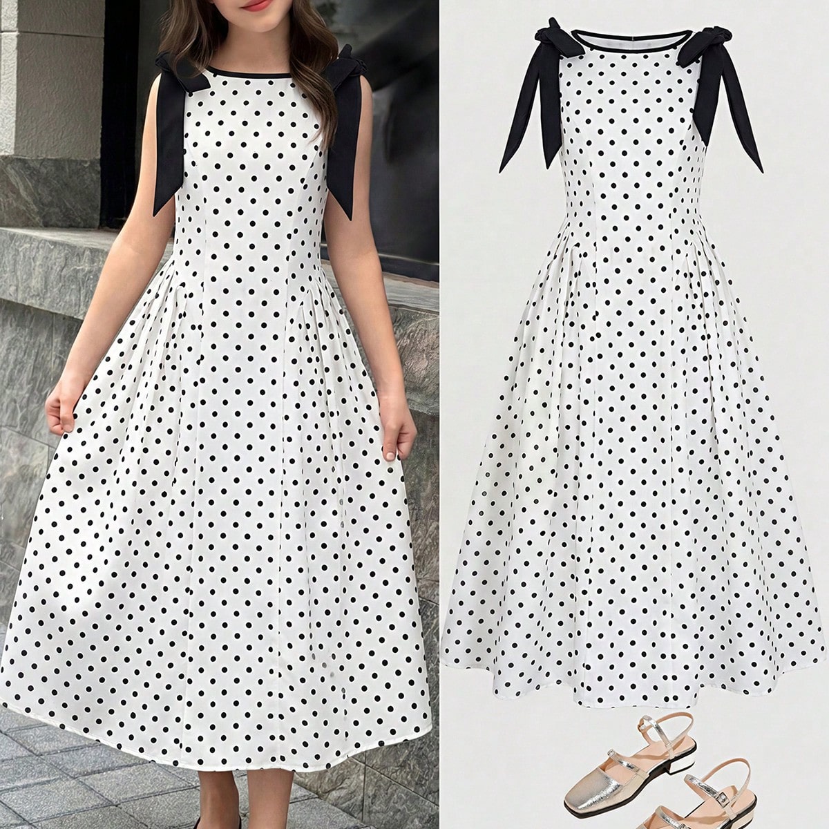 Vestido de niña preadolescente con bloques de color, lazo y lunares en la cintura, elegante y casual, versátil para uso diario, adecuado para ceremo