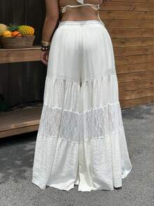 Sunnyshic Plus Size Casual Boho Vacation Lace Patchwork Semi-Sheer Wide Leg Pants Beach White Autumn - White - View 3