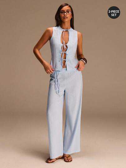 Athîral Women's Summer Casual Striped Tie-Up Sleeveless Top And Pants 2 Pieces Set