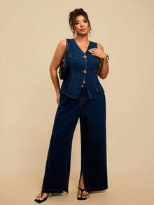 SHEIN Tall CURVE Conjunto de chaleco vaquero y pantalón de pierna ancha talla grande, conjunto de ropa casual, elegante, de negocios y de uso diario para mujeres de talla grande, blusa de solapa única y jeans de pierna ancha, conjunto casual de 2 piezas, verano - Azul - Ver 4