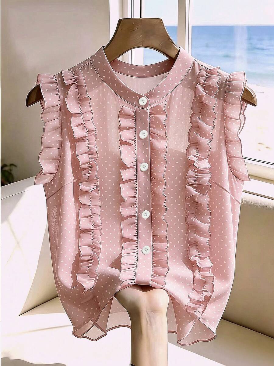 Franclia Blus Chiffon Polkadot Hitam Wanita, Elegan dan Romantis dengan Hiasan Rumbai di Bagian Bawah. - Baby Pink - View 1