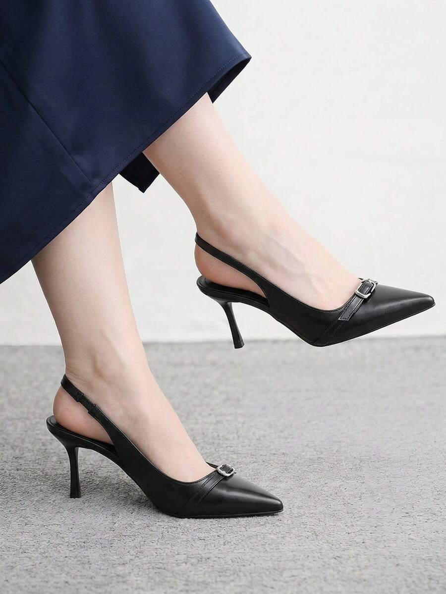 CUCCOO BIZCHIC 女士春夏纽扣粘跟高跟鞋 - 黑色漆皮优雅办公及派对鞋 - 黑色 - 查看 1