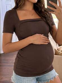 SHEIN Maternity Casual Solid Color Square Neck Fitted Short Sleeve T-Shirt, Summer - Brown - View 13