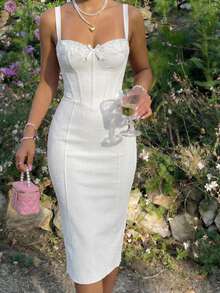 SHEIN MOD Women's Elegant Lace Bow Decor Spaghetti Strap Mid-Length Dress, Summer - White - View 3