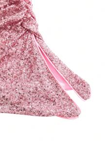 ROMWE Áo quây xếp ly mỏng, lấp lánh vàng dành cho nữ, thích hợp dự tiệc/lễ hội âm nhạc. - Hồng - Xem 3