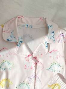 SHEIN 2pcs/Set Baby Girls' Cute Colorful Dinosaur Print Short Sleeve Cardigan Top And Shorts Comfortable Pajamas Set, Summer - Multicolor - View 4