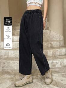 DAZY Elastic Waist Wide Leg Jeans - Black - View 6