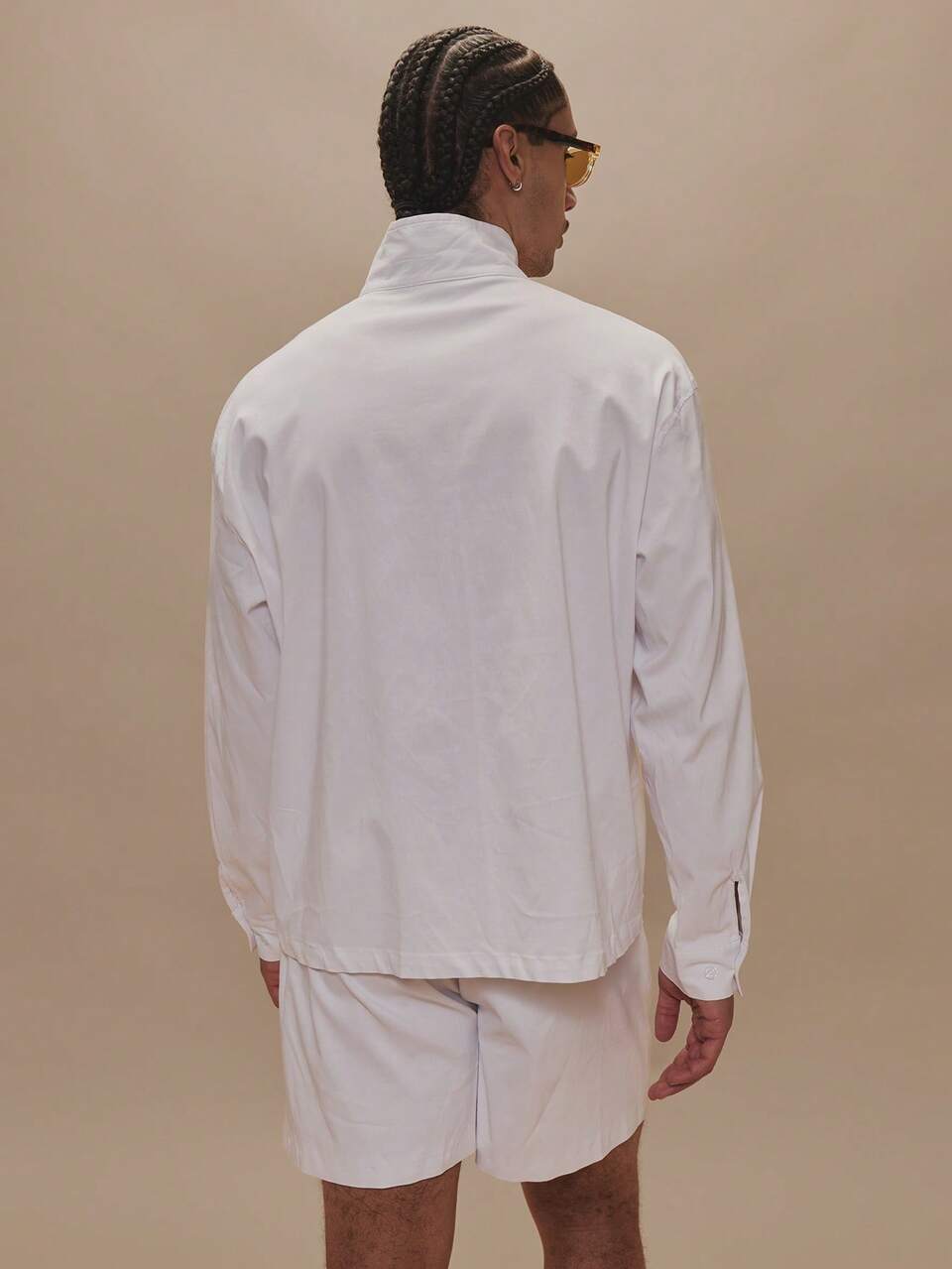White Oversized Long Sleeve Funnel Neck Drawstring Detail Front Pocket Detailing Tailored Shirt