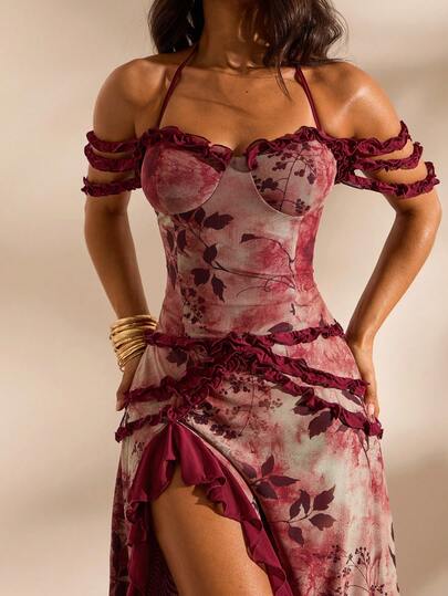 Opulessa Printed Slit Dress, Knit Mesh Fabric, Suitable For Spring/Summer Vacation