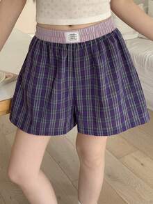 DAZY Pantalones cortos de pijama con estampado de cuadros, parches y cintura elástica para mujer, para verano - Morado - Ver 3