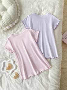 2 piezas Conjunto de vestido de manga corta ajustado para niñas, tela con estampado floral y de varita mágica, diseño cómodo de manga y dobladillo, adecuado para pijamas y ropa de estar en casa elegante y dulce para niñas - Multicolor - Ver 2