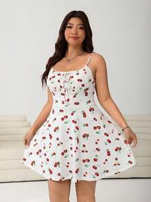 Solflare Plus Size Cherry Print Flare Hem Slip Dress, Waist-Cinched A-Line, Suitable For Spring & Summer, Beach Sundress, Holiday Outfits Boho, Corset - White - View 3