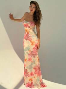 Aloruh Đầm maxi hở lưng lãng mạn nhiều màu sắc phong cách Bohemian, kiểu dáng nghỉ dưỡng, in họa tiết lưới ombre cầu vồng, hàng mới về. - Nhiều màu - Xem 3
