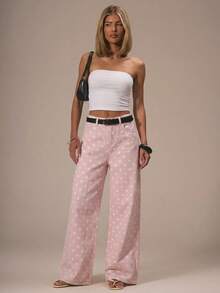 MUSERA Cute Polka Dot Spring Summer Dainty Denim Straight Leg Mid Rise Jeans Ibiza Holiday Casual Back To School Office Work Party Chic - Pink - View 3