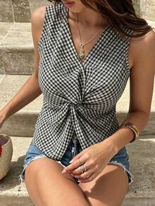 DAZY Áo vest nữ mùa hè, kiểu dáng thường ngày, cổ chữ V, họa tiết kẻ caro, không tay, thích hợp cho kỳ nghỉ. - màu đen - Xem 4