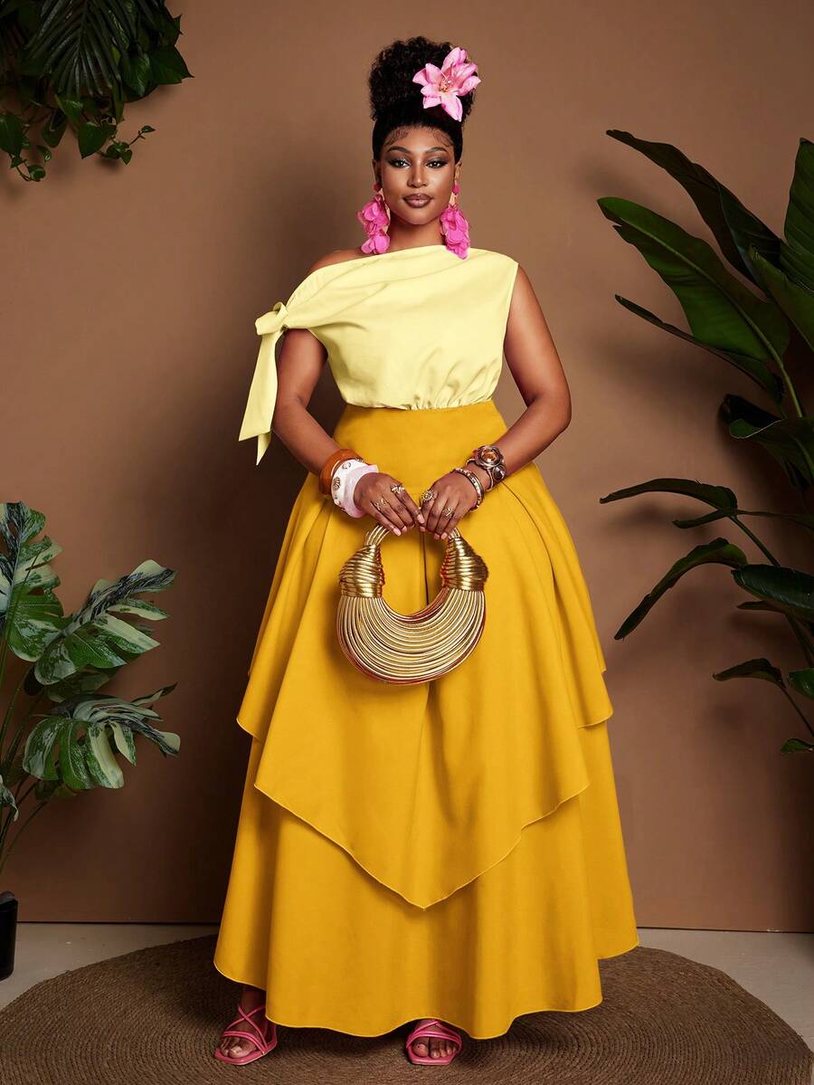Maweii Plus Size Tie-Front Sleeveless Contrast Color Casual Romantic Dress - Yellow - View 1