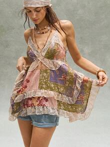 Bohemela Áo hai dây nữ kiểu dáng thường ngày, dệt ghép mảnh, viền ren, vạt áo bất đối xứng. - Nhiều màu - Xem 5
