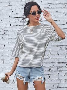 EMERY ROSE Raglan Sleeve Striped Print Tee Graphic Tees Women Tops - Grey - View 4