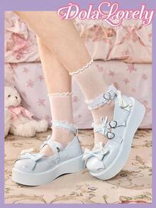 Dola Lovely Sapatos femininos azul-claro com salto plataforma e sola grossa, estilo Mary Jane, Lolita, JK, Gótico e Y2K. - Arco azul - Ver 5
