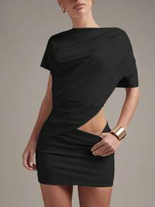 Hauture Women's Sexy Asym Tee Shirt Skirt Co-Ord Matching Set Sexy Office Wear - Black - View 4