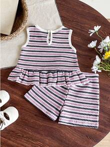 SHEIN Baby Girls' Round Neck Sleeveless White & Pink Striped Bow Decor Set - Purple - View 2