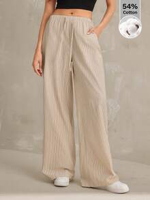 SHEIN Tall Pantalones casuales de mujer con estampado de rayas y bolsillo con nudo - Caqui - Ver 7