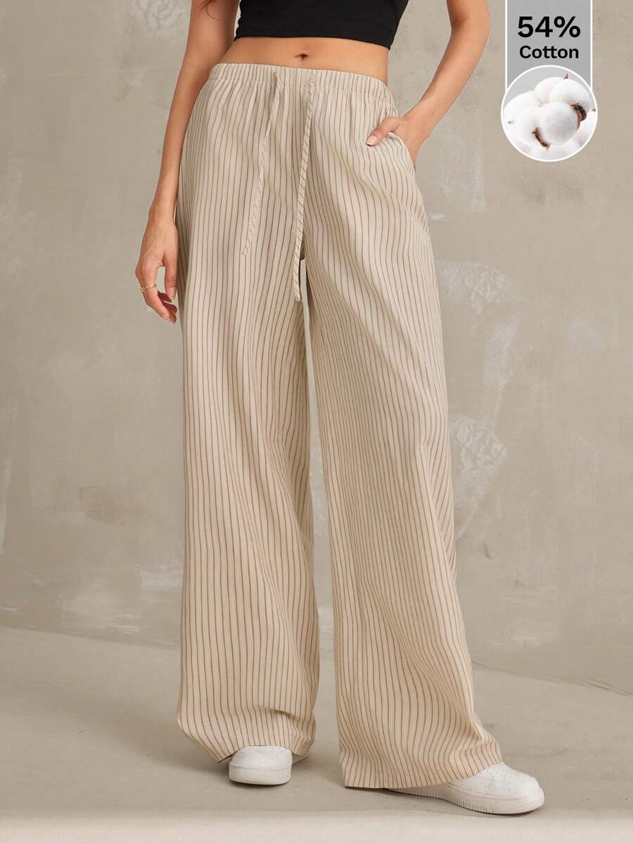 SHEIN Tall 女士条纹印花扭结口袋休闲裤 - 卡其色 - 查看 1
