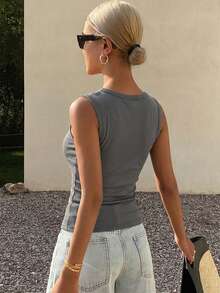 DAZY Women's Square Neck Fitted Ribbed Camisole Top, Summer - Dark Grey - View 4