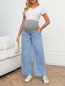 SHEIN Quần jean bầu dáng rộng, thoải mái, túi xéo, ống rộng, thích hợp mặc hàng ngày, đi làm, mùa hè, lễ hội, đi nghỉ mát, tốt nghiệp, phong cách Y2K, dễ thương, thời trang đường phố, quyến rũ, dự tiệc, đám cưới, thanh lịch, công sở, nữ tính, đi biển, tốt nghiệp, quần jean bầu màu sáng, ống rộng, denim với miếng đệm bụng thoải mái, quần jean bầu dáng rộng, denim với đai bụng có gân. - Màu xanh lam - Xem 5