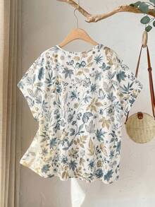 Rusticease Áo thun tay cánh dơi in hoa cỡ lớn kiểu dáng thường ngày - màu xanh lá - Xem 2