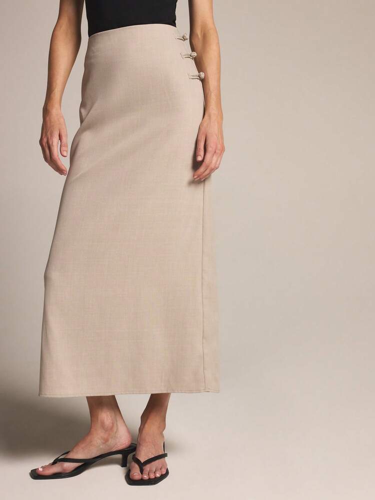 KSTM Women's Neutral Beige High Rise Straight Midi Skirt With Side Button Details For Office Professional Wear