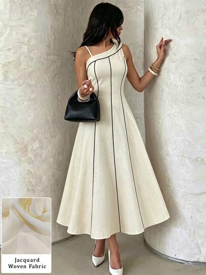 Modelyn Vestido de mujer con hombro asimétrico, cintura ceñida y color albaricoque