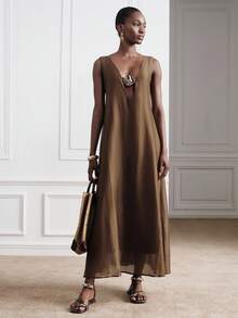 Aveloria Modichic Women's Solid Color Metal Decor Casual Party Long Dress - Coffee Brown - View 5