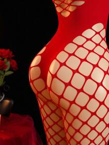 女士性感镂空透视渔网流苏露背连体衣 - 紅色 - 查看 5