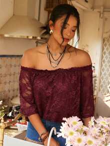 Freevana Elegante Spitzen-Bluse mit transparenten Schultern in Große Größen, Sommer, Off-Shoulder - Bordeaux - Übersicht 6