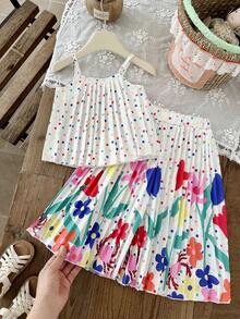 SHEIN 女婴两件套，0-3岁，休闲可爱风春夏外出服，波点印花无袖简约百褶上衣搭配花朵印花长款百褶裙 - 彩色 - 查看 4