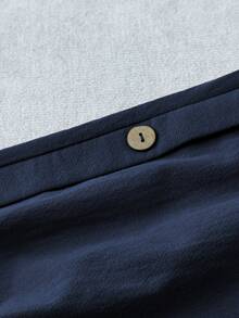 SHEIN LUNE CURVE 大码女式纯色休闲日常纽扣口袋直筒裤，夏季棉麻裤 - 藏蓝色 - 查看 3