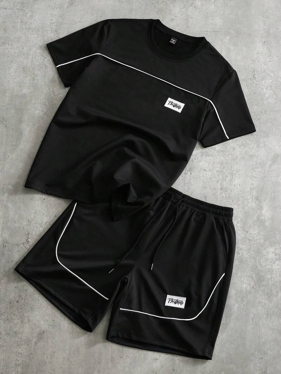 PAVTROS Men's Casual Contrast Trim T-Shirt And Shorts Set, Summer - Black - View 1