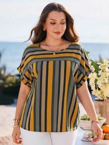 Rosumi Damen Große Größen Sommer Lässig Urlaub gestreifter Patchwork Rundhals Kurzarm Bluse - Verschiedenfarbig - Übersicht 5