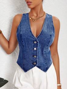 Selenza Chaleco vaquero informal para mujer, primavera verano - Azul lavado medio - Ver 7