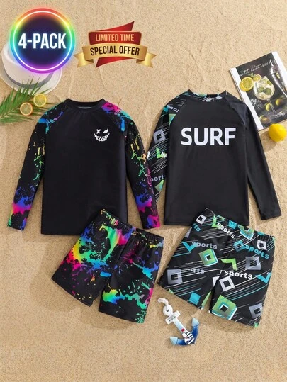 SHEIN 男童休闲修身电子游戏夜光图案两件式泳衣，适合春夏季节海滩度假