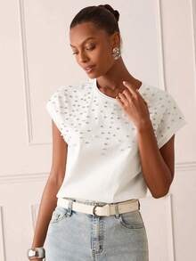 Lilora Áo thun nữ cổ tròn bằng cotton đính đá lấp lánh thanh lịch, kiểu dáng cao cấp, đa năng, trang nhã, phù hợp cho đi làm, đi chơi, tụ họp, hẹn hò, dự tiệc, thư giãn, dã ngoại, kỳ nghỉ, mùa hè. - trắng - Xem 2